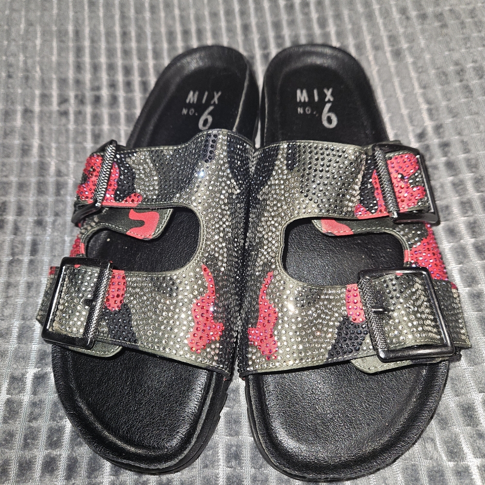 Mix No. 6 Black and Pink Rhinestone Camo Slide Sandals
